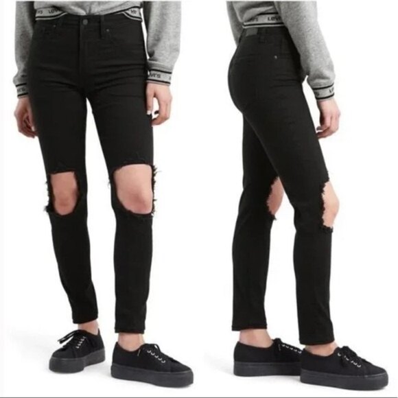 Levi’s 721 High Rise Skinny Jeans Black Ripped Women’s Size 25 Distressed Fit - Picture 1 of 15